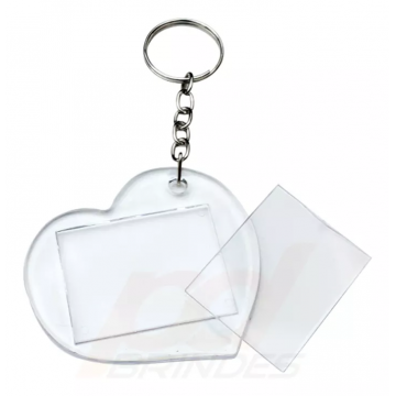 Chaveiro Plástico Acrílico 3X4-Transparente formato coração p/fotos- 10 unidades. Importado - 1