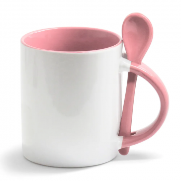 Caneca de Cerâmica com Colher para Sublimação - Rosa. Importado - 1